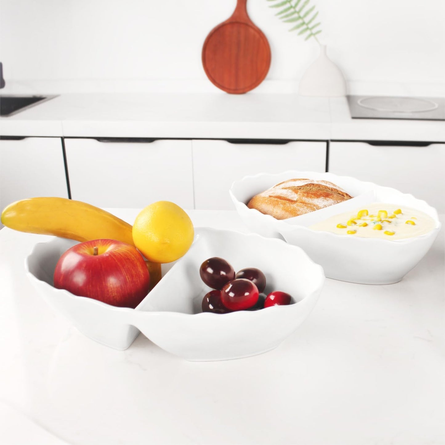 Ceramic 10.9 Inch Chips and Dip Set, Chips and Dip Divided Tray, Moisture Proof Cereal Bowl (for Salad, Pasta, Fruit, Sauce), Divided Moisture Proof Cereal Bowl Buffet Bowl Set