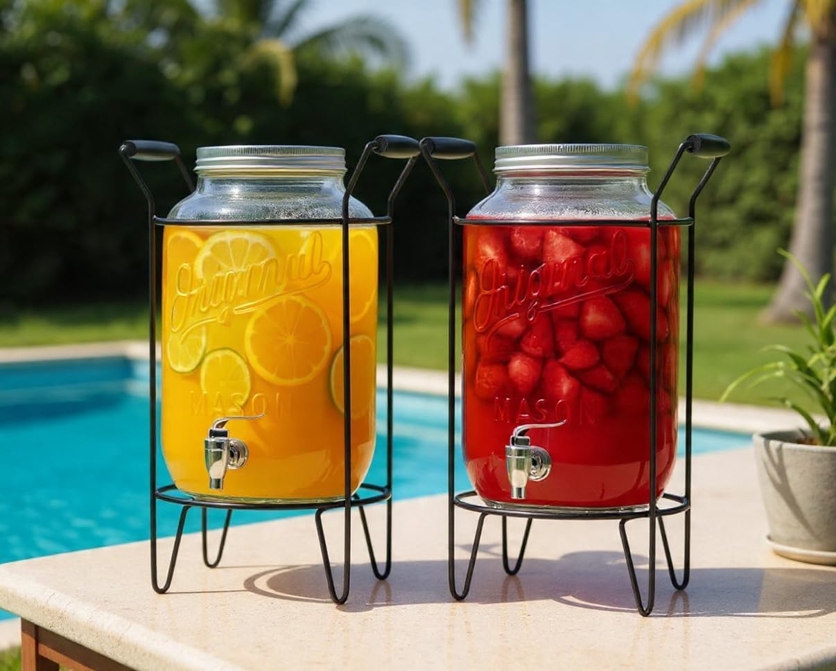 3 Gallon Classic Ice Cold Clear Glass Mason Jug Drink Beverage Dispenser Durable On Galvanized Stand With Leak Free Spigot-Easy Filling For Outdoor, Parties & Daily Use Lid