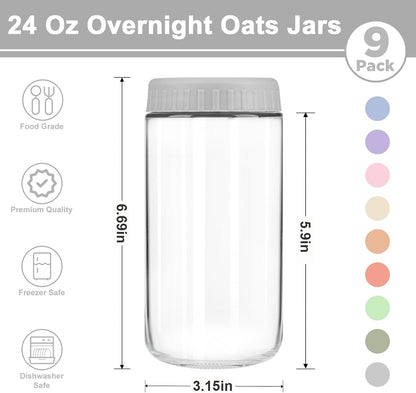 Overnight Oats Containers with Lids, 10oz Wide Mouth Mason Jars with Lids, 9 Pack Glass Jars with Airtight lid for Chia Pudding Yogurt Salad, Meal Prer Oatmeal Jars, Pink