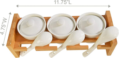 Home-X Bamboo and Ceramic Condiment Tray - Ideal Serving Dish for Hosting Entertaining, Party Essential, Taco Bar, Includes Dip Bowls, Spoons, Lids and Serving Platter, Salsa, Chips, Veggies, Fruits