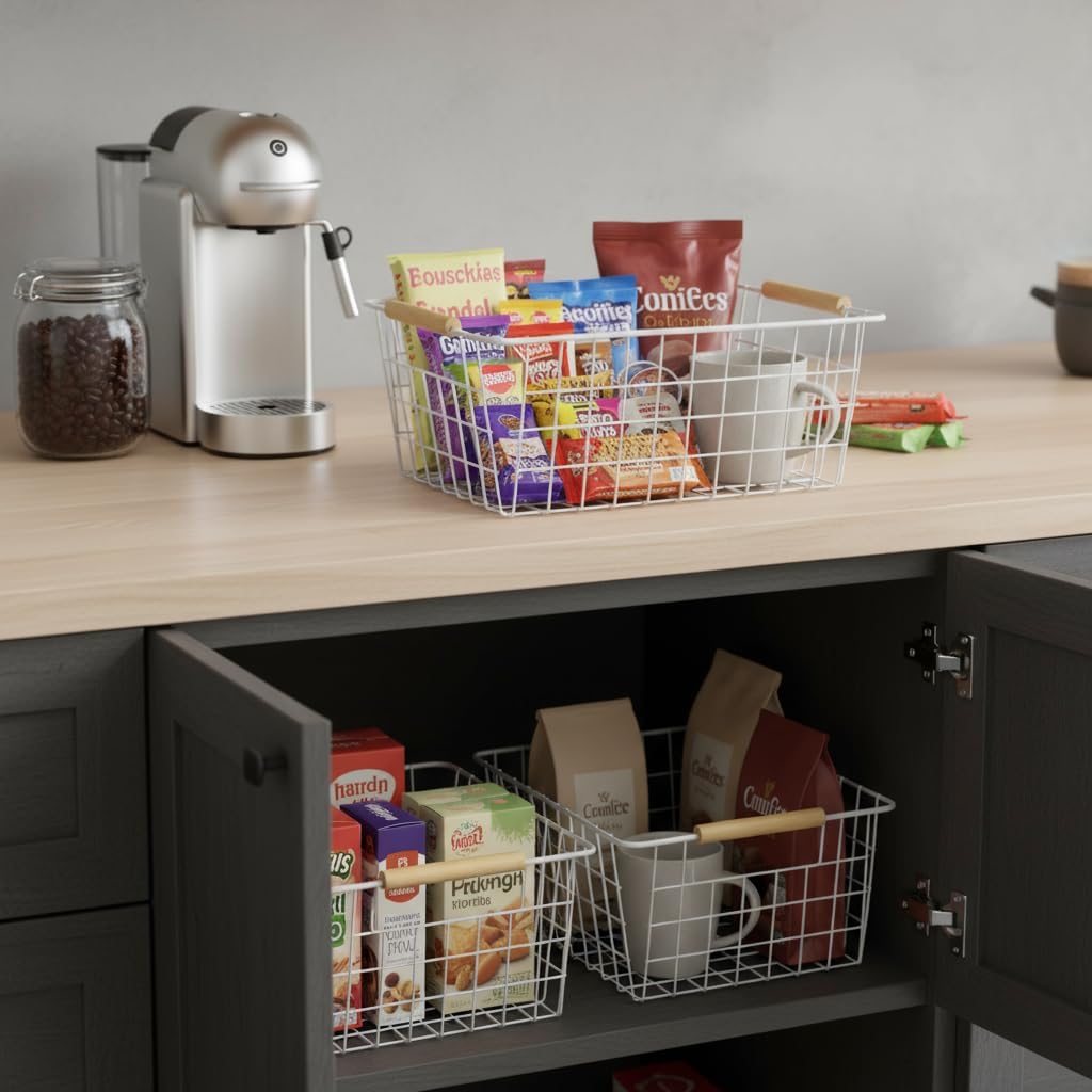 4 Pack White Metal Wire Food Storage Basket Organizer with Wooden Handles for Organizing Kitchen Cabinets Large