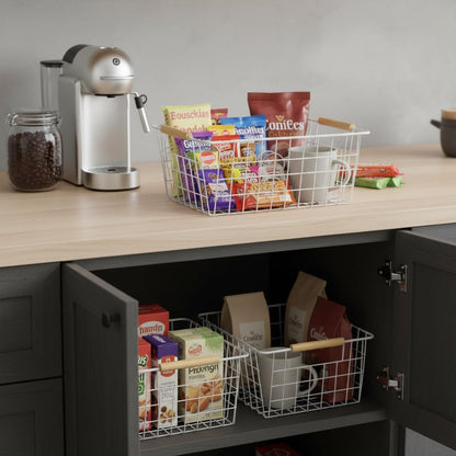 4 Pack White Metal Wire Food Storage Basket Organizer with Wooden Handles for Organizing Kitchen Cabinets Large