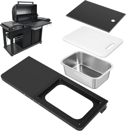 QuliMetal Folding Front Shelf for Traeger Pro 34, Texas Elite 34, Century 885 and Eastwood 34, 37" x 12" Heavy-Duty Grill Prep Table with Cutting Board, Stainless Steel Basin, Lid and 5 Hooks