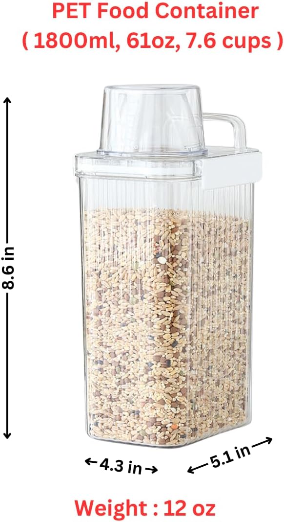 Neoflam 3 Set Airtight Kitchen Pantry Dry Food Container with Handle, Dog, Cat, Pet Feed Dispenser with Measuring Cup, Refrigerator Cabinet Organization for Cereal, Rice, Grain, Pasta (61oz, 1800ml)