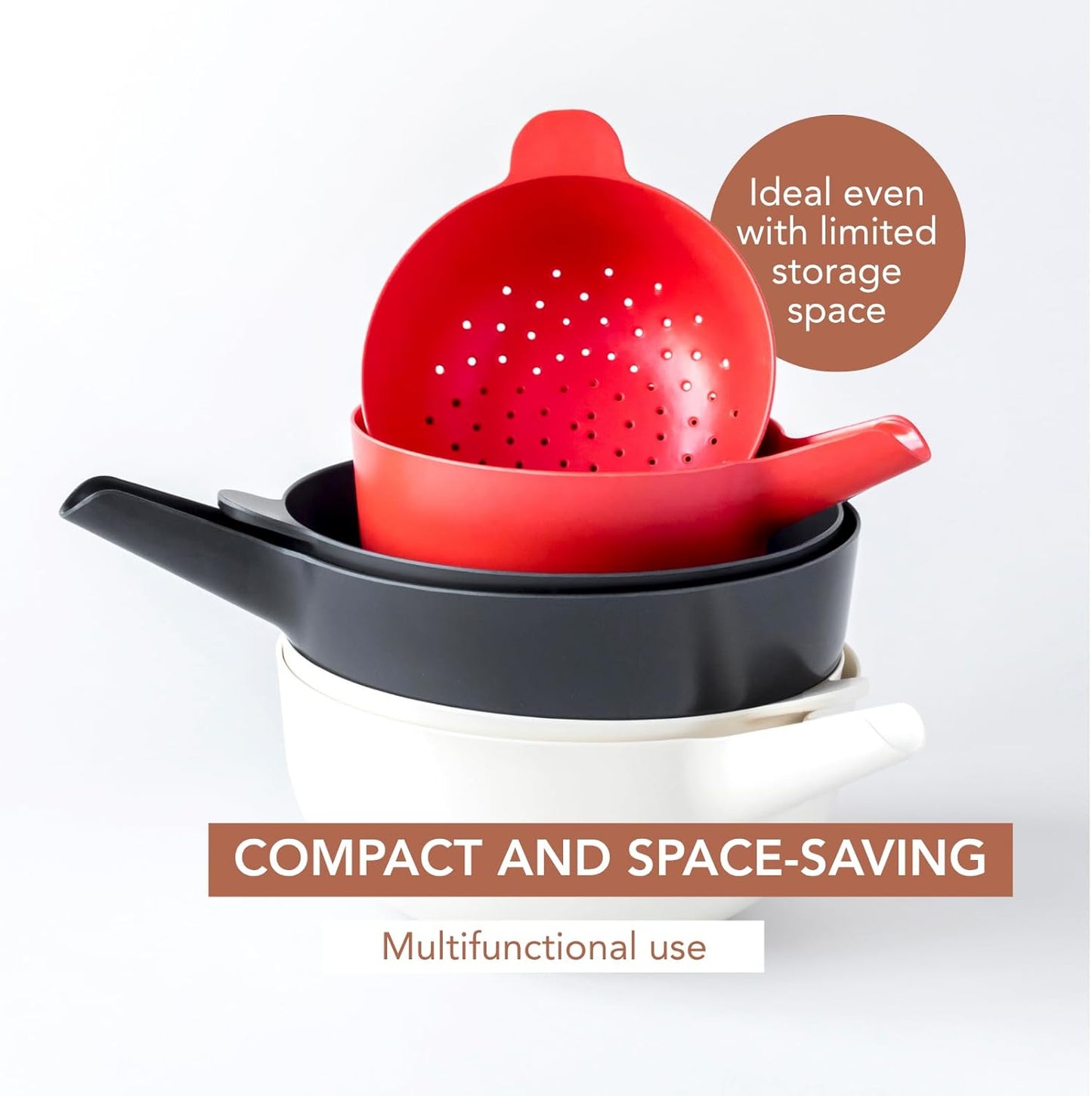 EKOBO Small Mixing Bowl and Colander Set White– 60 oz BPA-Free Eco-Composite – Nesting Kitchen Mixing Bowls for Washing Mixing Serving – Compact Dishwasher Safe Kitchen Essentials