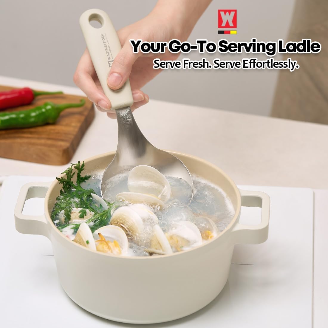Short Stainless Steel Ladle 220mm (8.6”) – SUS304 Thick Deep Bowl Head with Soft-Grip Silicone Handle – Lightweight Mini Soup & Serving Spoon for Cooking – 5 Color Options (Gray)