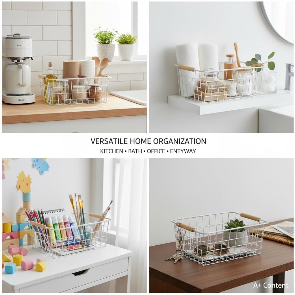 4 Pack White Metal Wire Food Storage Basket Organizer with Wooden Handles for Organizing Kitchen Cabinets Large
