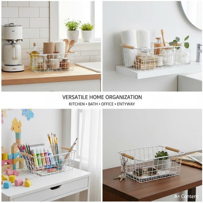 4 Pack White Metal Wire Food Storage Basket Organizer with Wooden Handles for Organizing Kitchen Cabinets Large