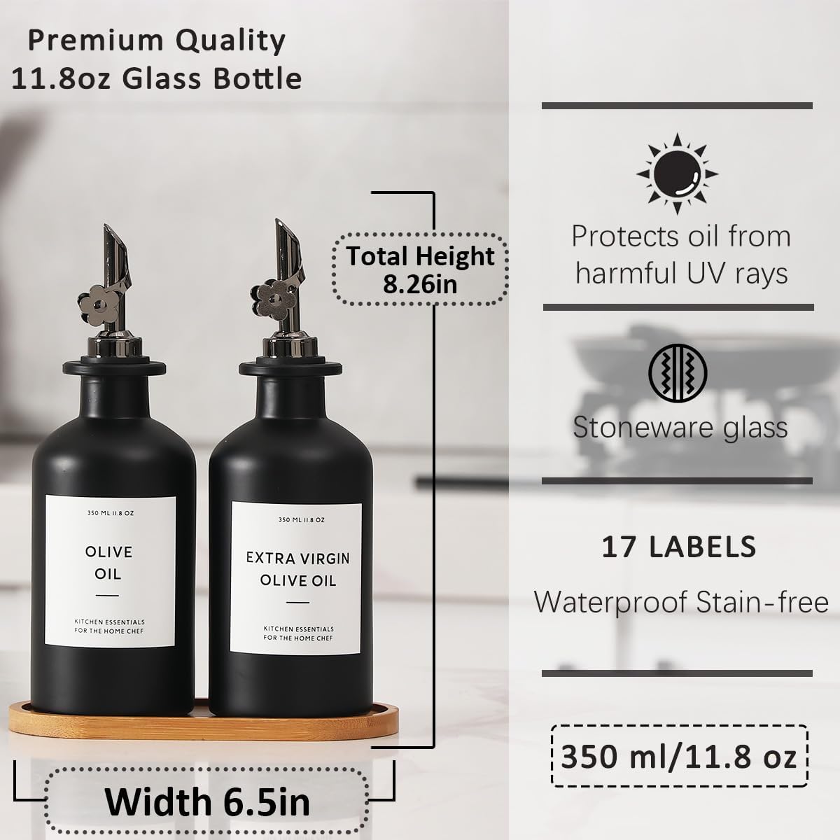 HOMCDALY Olive Oil Dispenser for Kitchen, 12oz Glass kitchen Dispenser Bottle, Gold Oil&Vinegar Cruet Set, Leakproof Oil Containers for Cooking| Set of 2 (12oz – Gold)