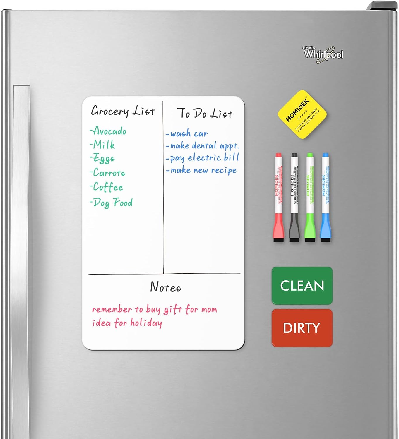 HOMiDEK Magnetic Dry Erase Board: Small Fridge Whiteboard, Flexible Refrigerator Magnet White Board, Blank Writing Note Sheet with Kitchen Conversion Chart Magnet, 4 Markers & Eraser - 12 x 8
