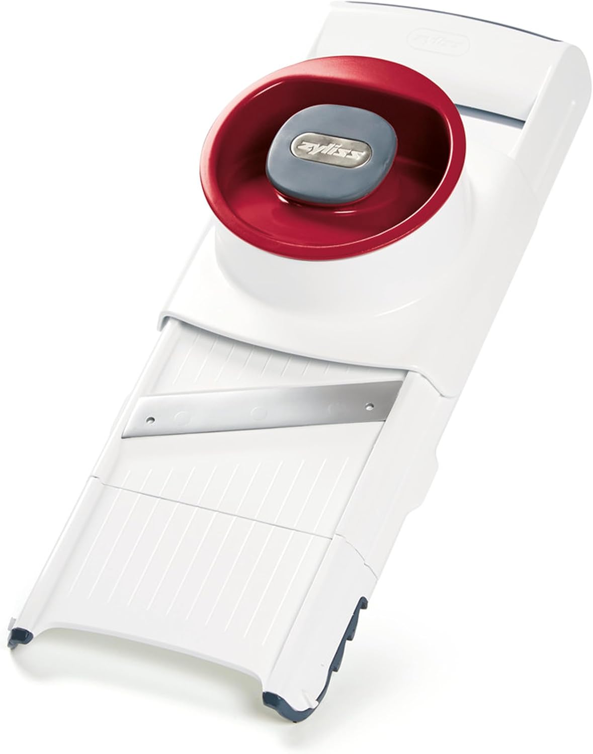 Zyliss Easy Control Handheld Slicer - Vegetable Slicer & Chopper - Fruit Cutter - Handheld Slicer with Two Stainless Steel Blades - Dishwasher Safe - White/Red, 13 inches