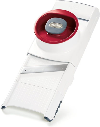 Zyliss Easy Control Handheld Slicer - Vegetable Slicer & Chopper - Fruit Cutter - Handheld Slicer with Two Stainless Steel Blades - Dishwasher Safe - White/Red, 13 inches