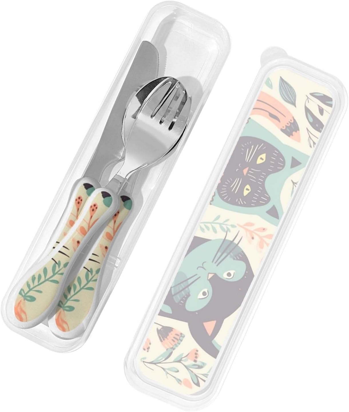 3-Piece Kids Silverware Set With Storage Case, Stainless Steel Reusable Children Safe Knife Spoon Fork Set Cute Kittens Children Flatware Set For Kids Lunch Box