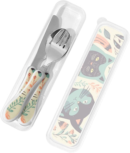 3-Piece Kids Silverware Set With Storage Case, Stainless Steel Reusable Children Safe Knife Spoon Fork Set Cute Kittens Children Flatware Set For Kids Lunch Box