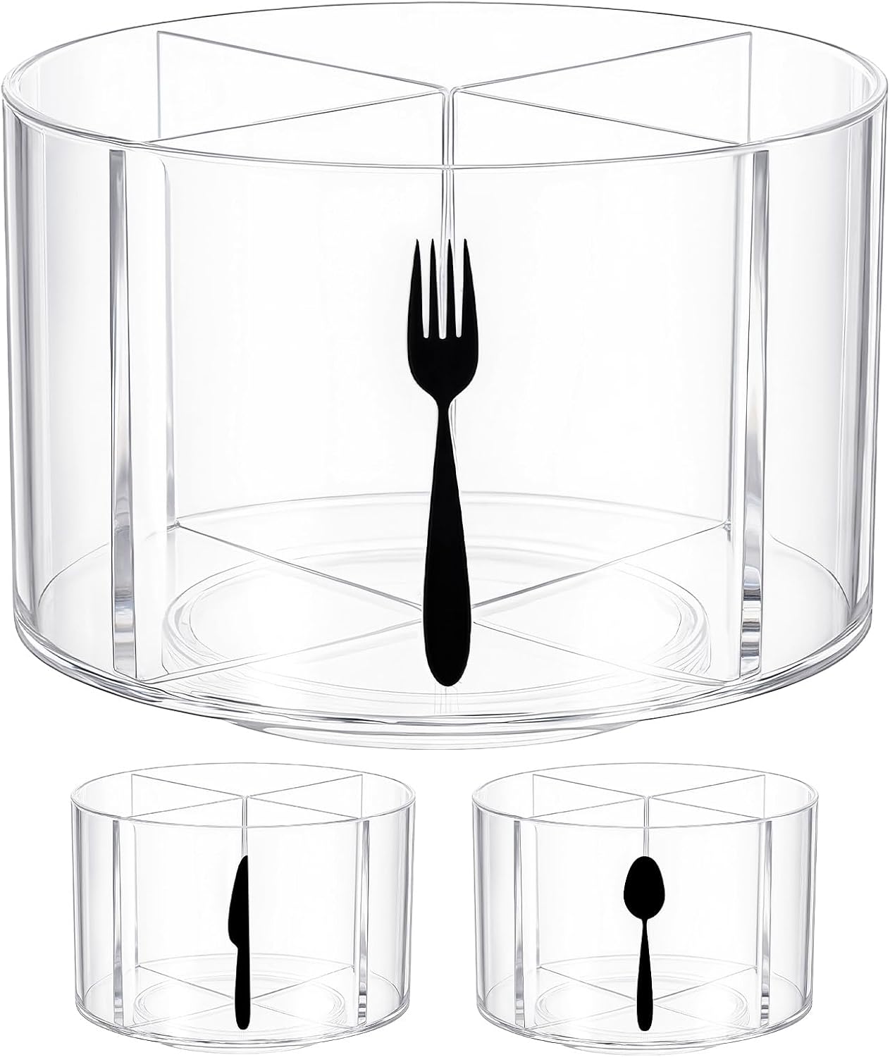 360° Rotating Acrylic Utensil Caddy, 4 Compartment Plastic Silverware Cutlery Holder Countertop Flatware Storage Organizer for Kitchen Office Desk Picnic Camping Party