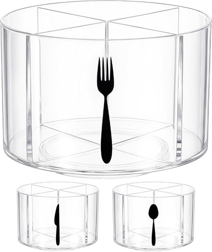 360° Rotating Acrylic Utensil Caddy, 4 Compartment Plastic Silverware Cutlery Holder Countertop Flatware Storage Organizer for Kitchen Office Desk Picnic Camping Party
