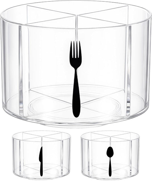 360° Rotating Acrylic Utensil Caddy, 4 Compartment Plastic Silverware Cutlery Holder Countertop Flatware Storage Organizer for Kitchen Office Desk Picnic Camping Party