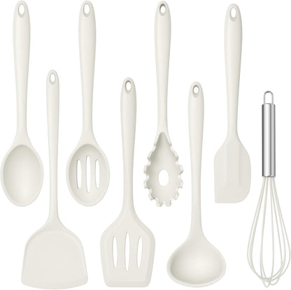 TeamFar Silicone Cooking Utensils Set, 8 PCS Kitchen Utensils Set, 446°F Heat Resistant, Turner, Spatula, Spoon, Whisk, Kitchen Cooking Gadgets Tools for Nonstick Cookware, Dishwasher Safe-Khaki