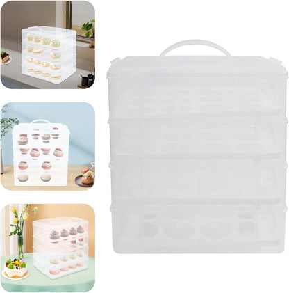 4-Tier Cupcake Carrier with Removable Stackable Layers - Cake Holder and Transport Container with Lid & Handle, Stores 48 Cupcakes for Parties, Baking, Events, Dessert Display, White