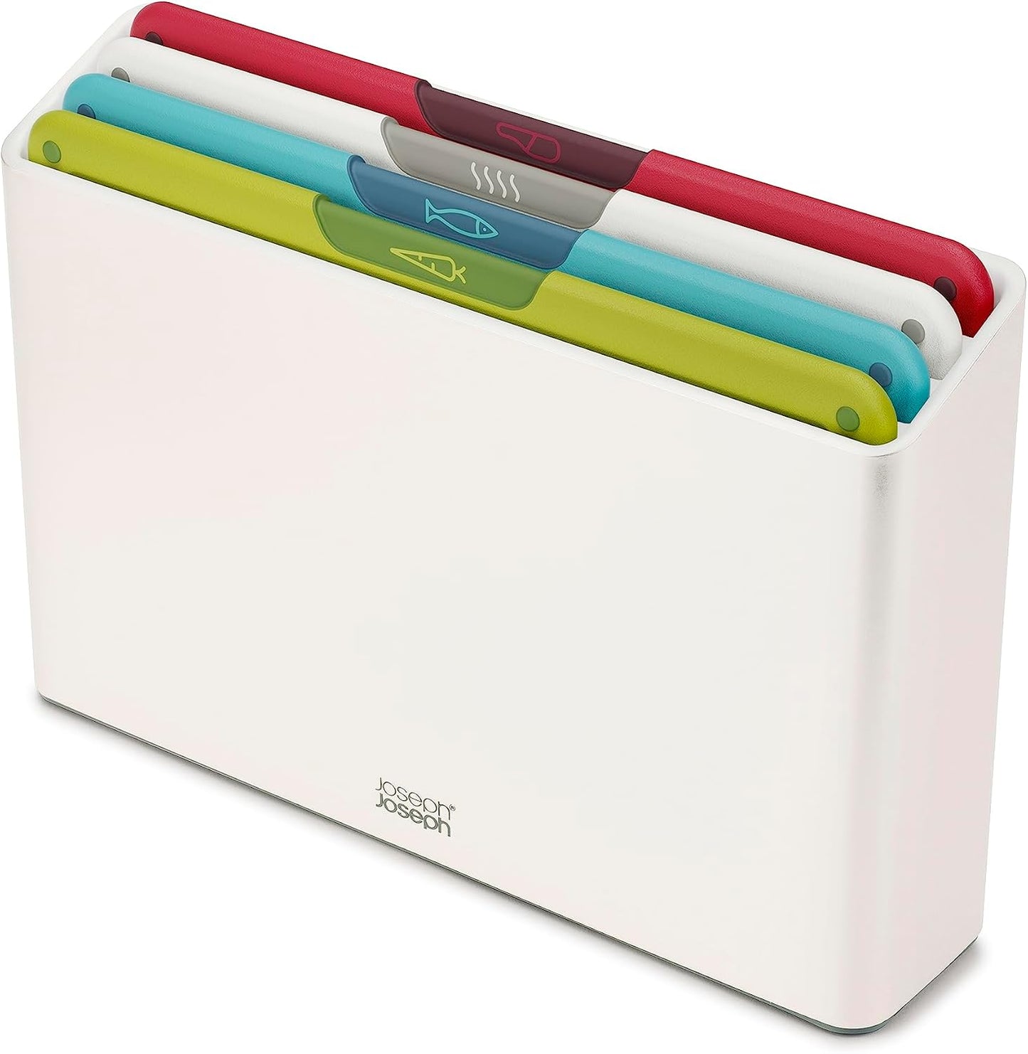 Joseph Joseph Folio Icon 4-Piece Multi Colour coded Cutting Board Set, Stainless Steel Slimline case for organized Kitchen storage, Silver