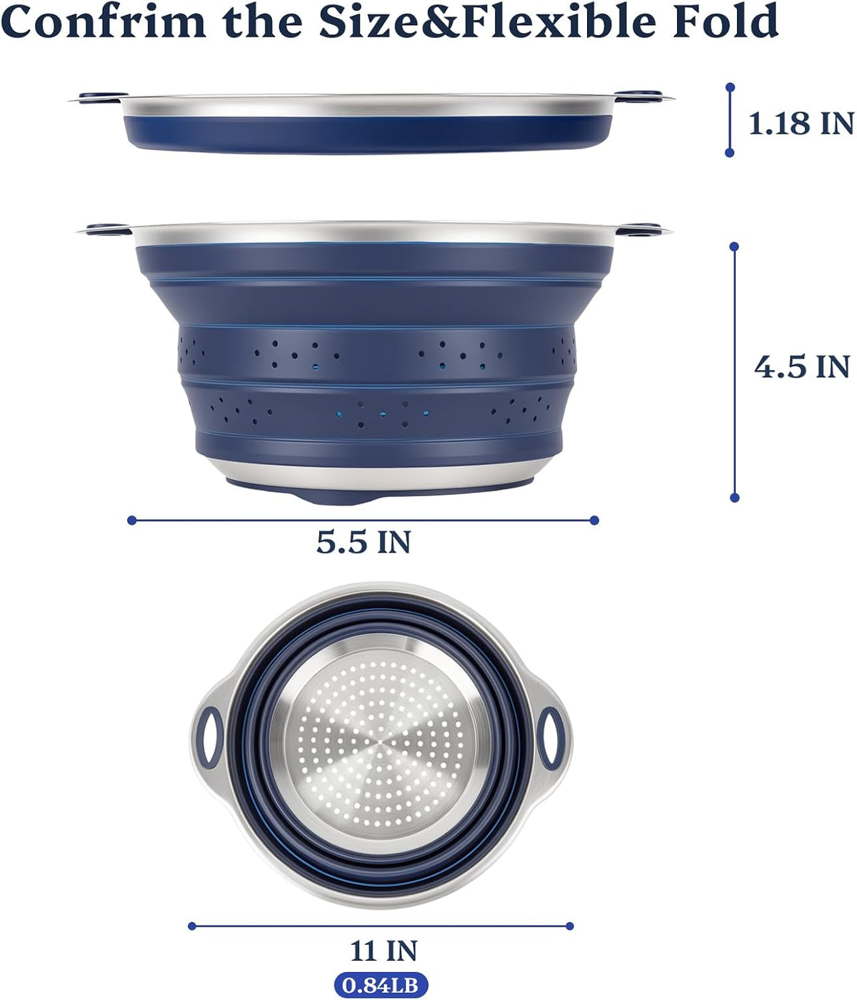Collapsible Colander Set with Silicone Mat,2-in-1 Stainless Steel Colander for Kitchen, Foldable Metal Colander, Space-Saving for Pasta Veggies Fruit(NAVY BLUE)