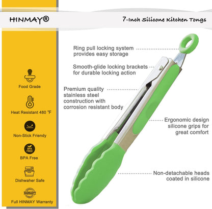HINMAY Small Silicone Tongs 7-Inch Mini Serving Tongs, Set of 3 (Black Gray White)