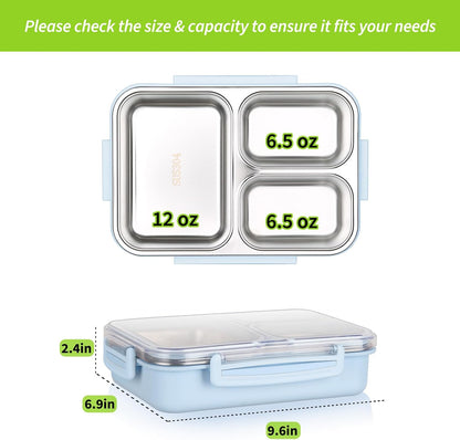 Stainless Steel Bento Box, 3 Compartments Leakproof Stainless Steel Snack Containers, 25 oz Premium 304 Metal Lunch Box for Adults, BPA-Free, Dishwasher Safe (Blue)