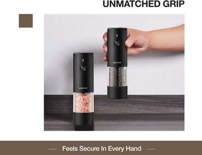 Stainless Steel Rechargeable Electric Salt and Pepper Grinder Set – USB Charging, One-Hand Electric Mill, Adjustable Coarseness, LED Light & Dust Cover –2pack(Greige & Buttercream)