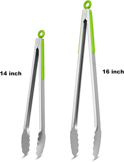 304 Stainless Steel Kitchen Cooking Tongs, 9" and 12" Set of 2 Sturdy Grilling Barbeque Brushed Locking Food Tongs with Ergonomic Grip, Black