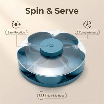 Divided Serving Tray That Spins – Perfect for Snacks, Dips & Party Appetizers, Portable Rounded Veggie Tray with Rotating Cover, Rotating Snack Box Container with Lid (Pink)