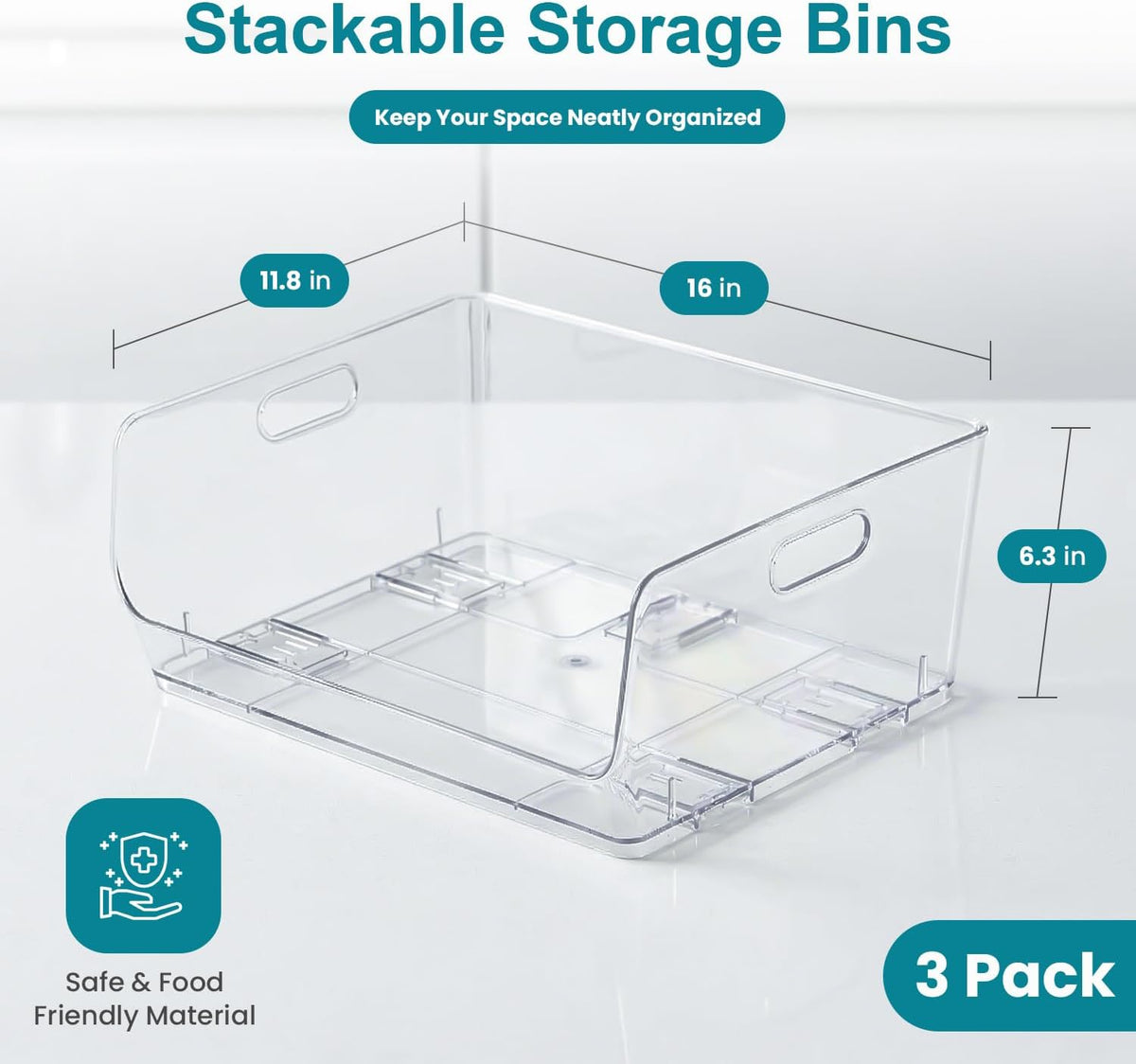 Basicwise Set of 3 Open-Front 16" Clear Storage Bins with Easy-Grip Handles Stackable Transparent Plastic Organizer Container for Pantry Cabinet Refrigerator Drawers Closets & Shelf Organization, XL