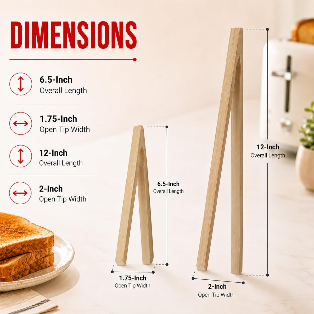 HIC Kitchen Toast Tongs, Natural Bamboo, 6.5-Inches