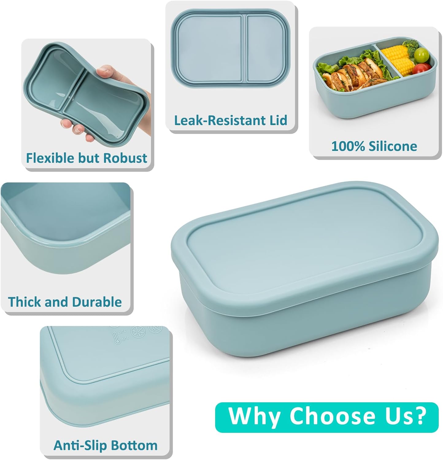 Silicone Bento Box Adult Lunch Container, 3 Compartment Container, Food Grade Silicone Bento Lunch Box for Work Travel Meal Prep, Leak-proof Food Storage Container（1 Pack Nile Blue）