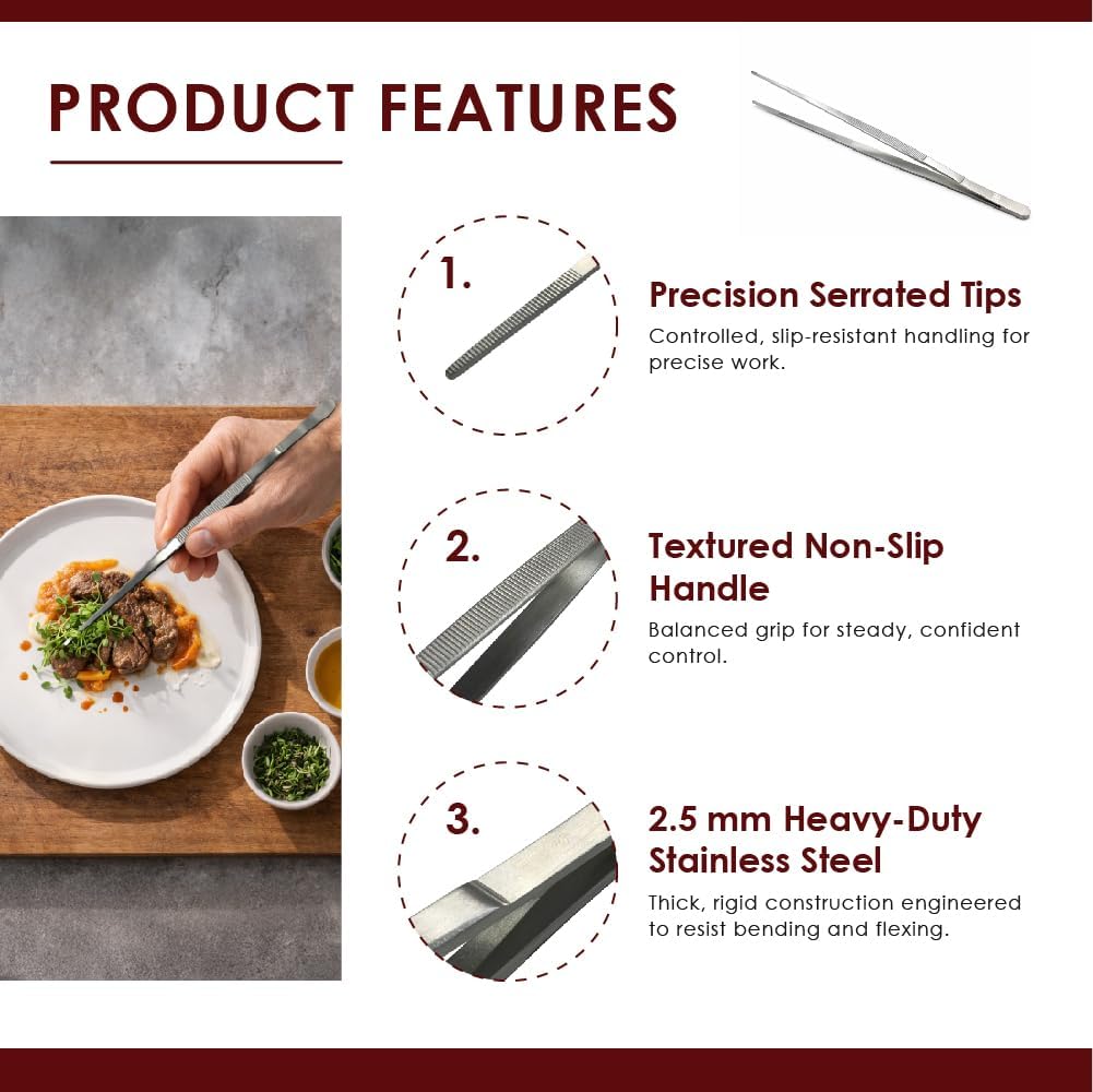 Heavy Duty Stainless Steel Tweezer Tongs 10'' and 12'' Set – Precision Cooking Tongs for Grilling, Plating, BBQ, and Kitchen Use