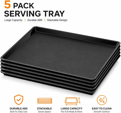 Plastic Food Serving Trays 14.7"x10.7" (2-Pack) - Black - Reusable Serving Platters for Christmas Party, School Cafeterias, Food Courts, Bakeries - Stackable & Dishwasher-Safe