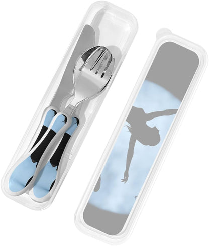 3-Piece Kids Silverware Set With Storage Case, Stainless Steel Reusable Children Safe Knife Spoon Fork Set Blue Active Girl Running Sunset Children Flatware Set For Kids Lunch Box - Colors C