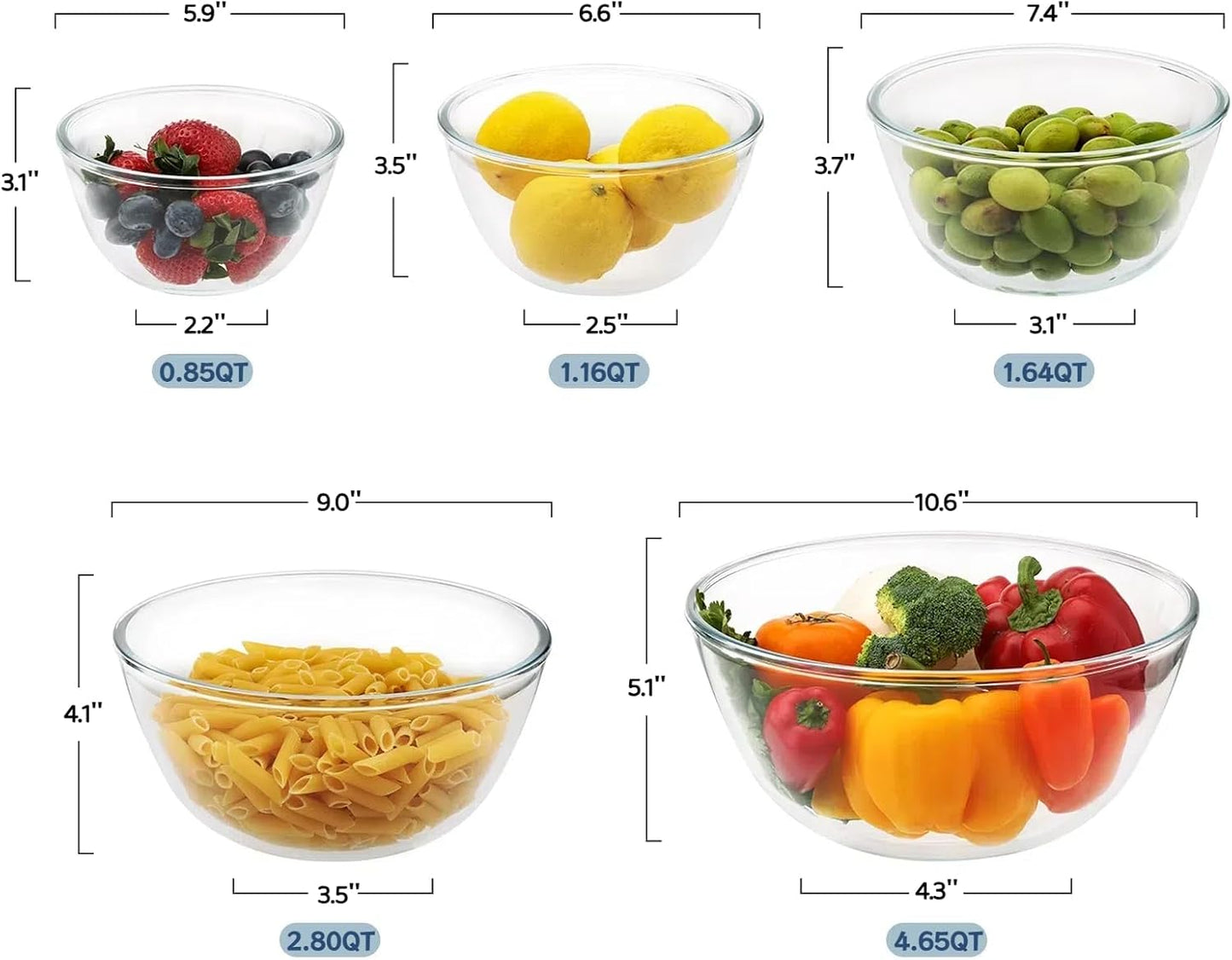 Cuiselect 5pc Glass Mixing Bowls with Lids Set (4.65QT, 2.80QT, 1.64QT, 1.16QT, 0.85QT), Nesting Salad Bowl, Large Glass Mixing Bowl for Cooking, Baking, Prepping-Dishwasher Microwave Freezer Safe