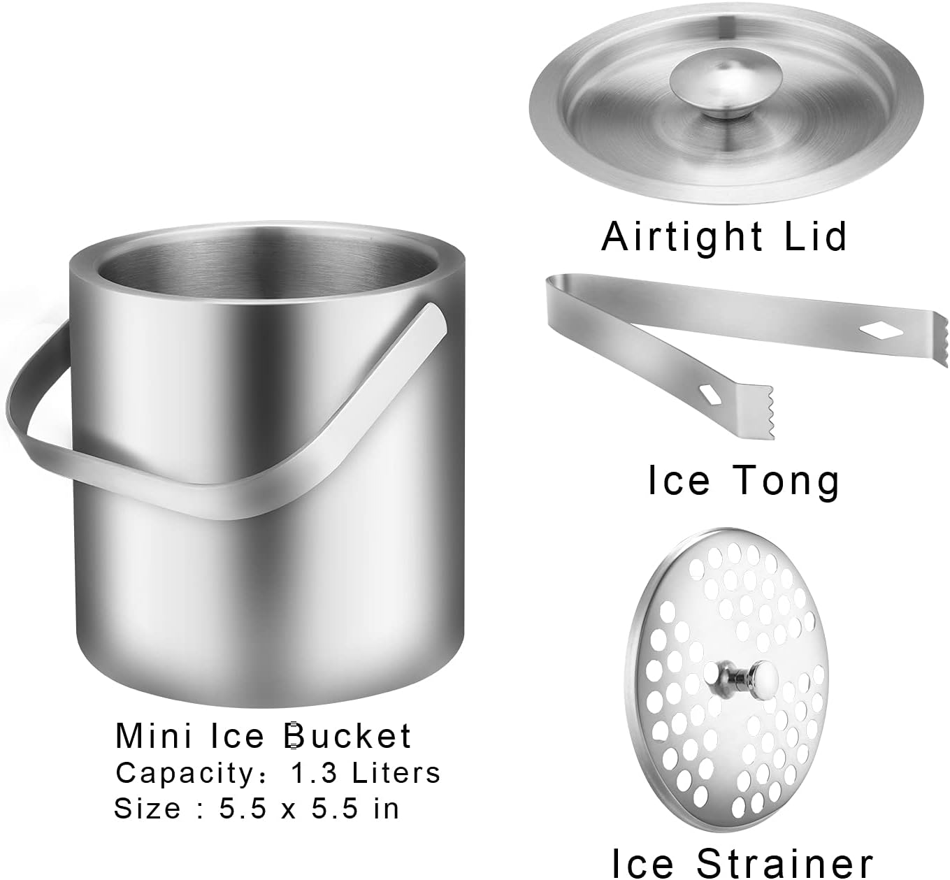 LUCKYGOOBO Mini Ice Bucket Portable Double Wall Ice Bucket with Tong,Stainless Steel Hotel Bucket/Champagne/Beverage Bucket,Size 1.3 Liters 5.5 x 5.5 in,Serveware for Party,Event,and Camping.