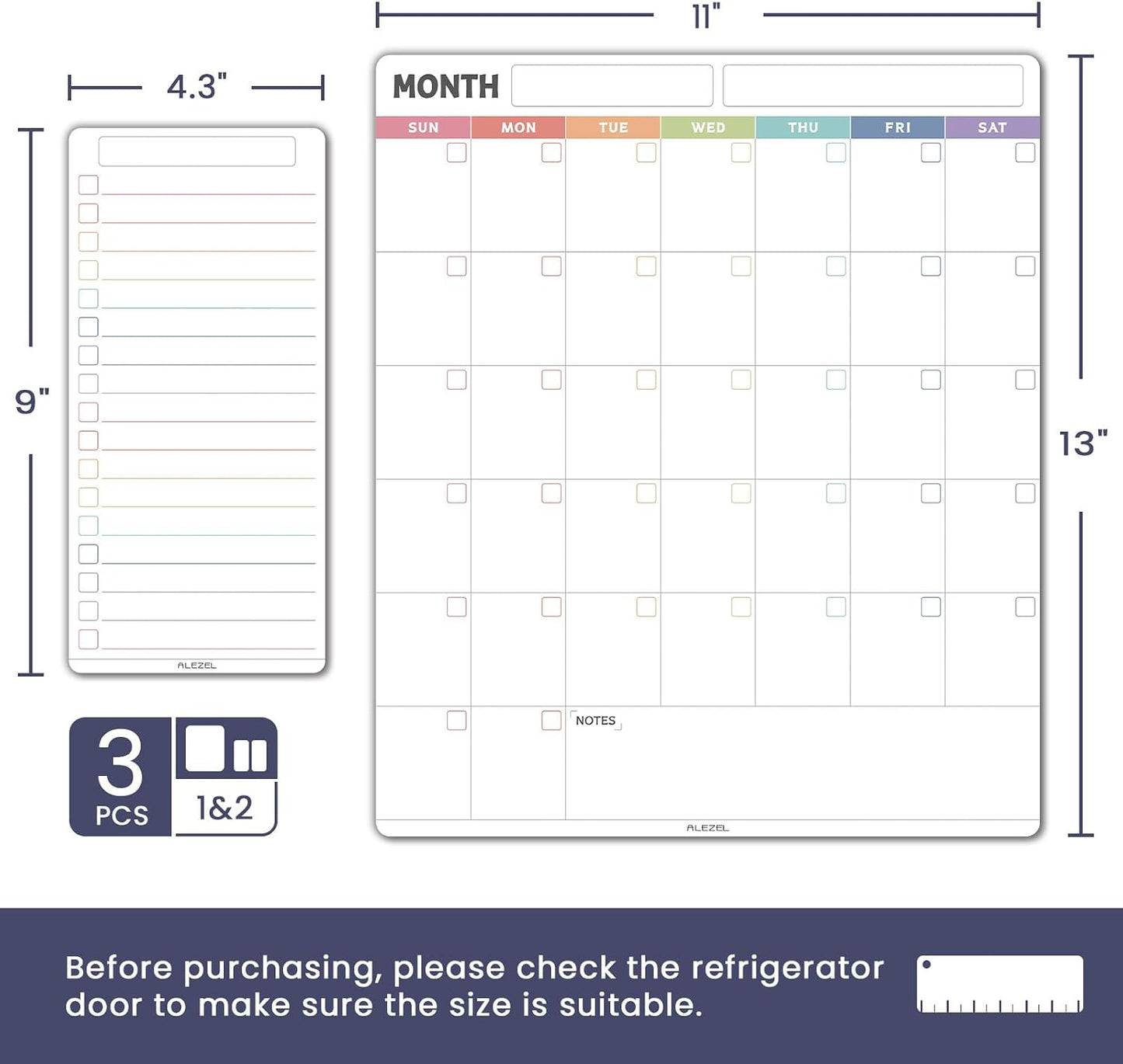 ALEZEL Dry Erase Calendar for Refrigerator, Greenery Magnetic Fridge Calendar Whiteboard - Set of Vertical Monthly Dry Erase Calendar for Fridge & 2 List Board, 4 Markers + Eraser