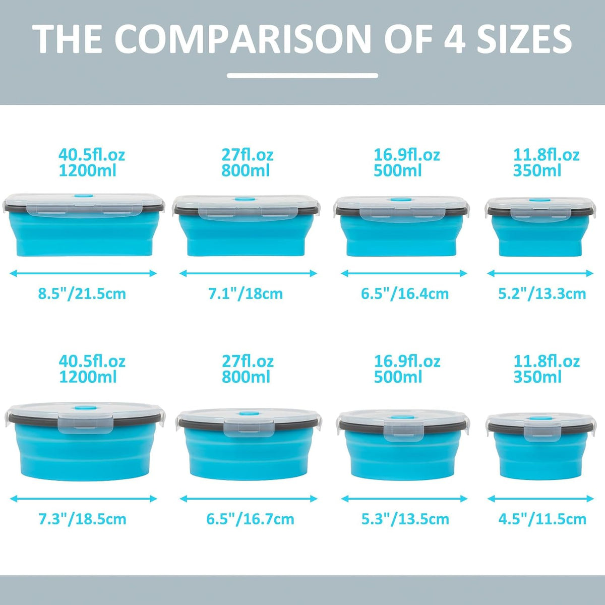 Collapsible Silicone Food Storage Containers Set with Lid & Air Vent,Foldable Lunch Containers(4PCS,Blue,27oz)