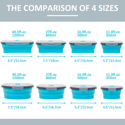Collapsible Silicone Food Storage Containers Set with Lid & Air Vent,Foldable Lunch Containers(4PCS,Blue,27oz)