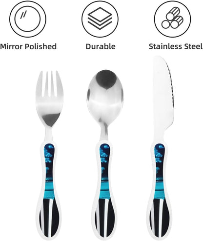 3-Piece Kids Silverware Set With Storage Case, Stainless Steel Reusable Children Safe Knife Spoon Fork Set Blue Active Girl Running Sunset Children Flatware Set For Kids Lunch Box - Colors B