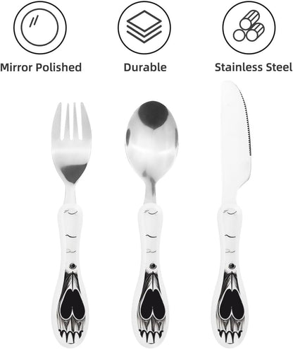 3-Piece Kids Silverware Set With Storage Case, Stainless Steel Reusable Children Safe Knife Spoon Fork Set Black And White Grid Children Flatware Set For Kids Lunch Box