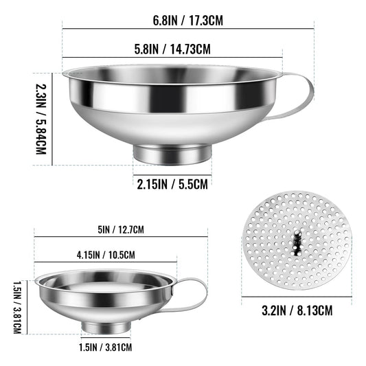 3 Pack Canning Funnel 3-in-1 Stainless Steel Funnel Set Wide Mouth Funnels with Detachable Strainer for transferring Liquid, Powder, jam, Grain, Oil, Spices
