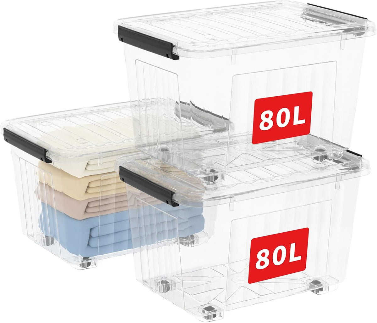 Cetomo 60Qt*6 Plastic Storage Bins, Storage Box, 6 Pack, Organizing Container with Wheels, Durable Lids and Secure Latching Buckles, Stackable and Nestable, Clear with Black Buckle
