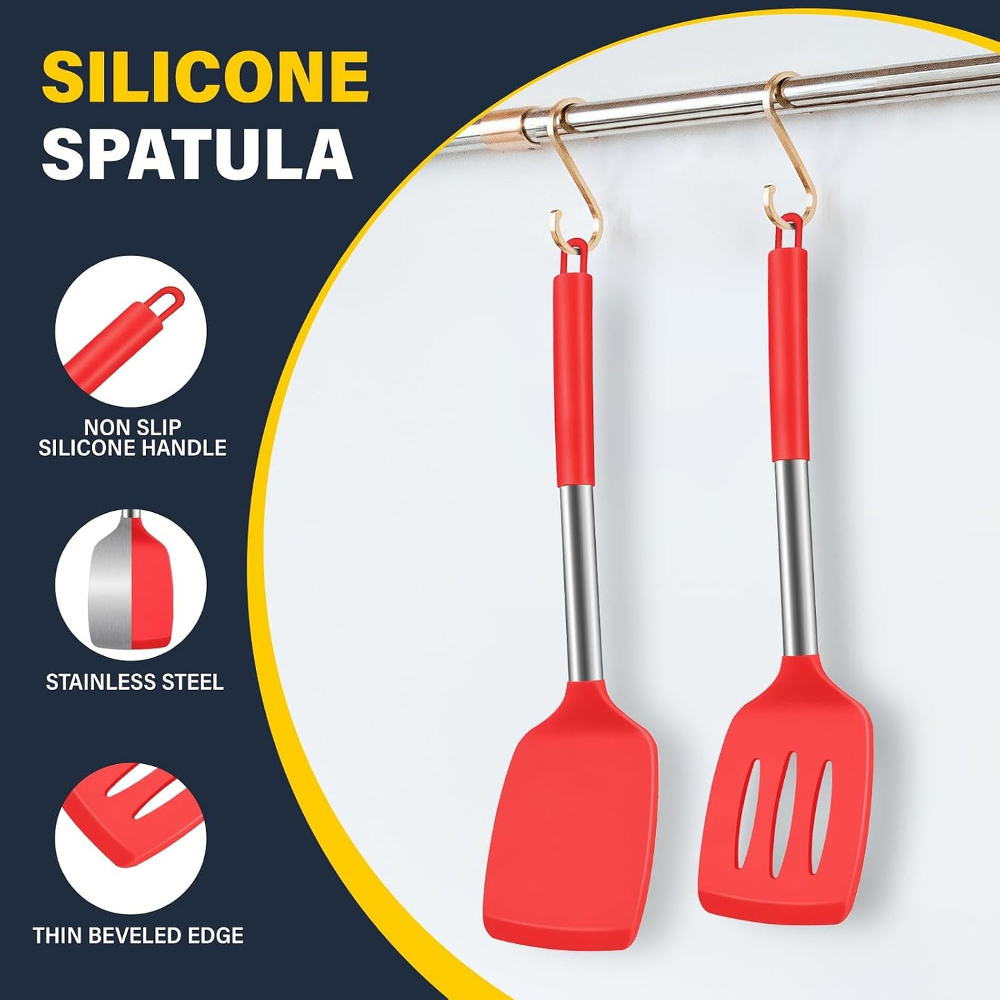 2 Pack Silicone Spatula Set, Solid & Slotted Turner for Non-Stick Pans, High Heat Resistant Silicone Spatula for Cooking, BPA-Free Stainless Steel Cooking Utensils for Fish, Eggs, Pancakes, Black