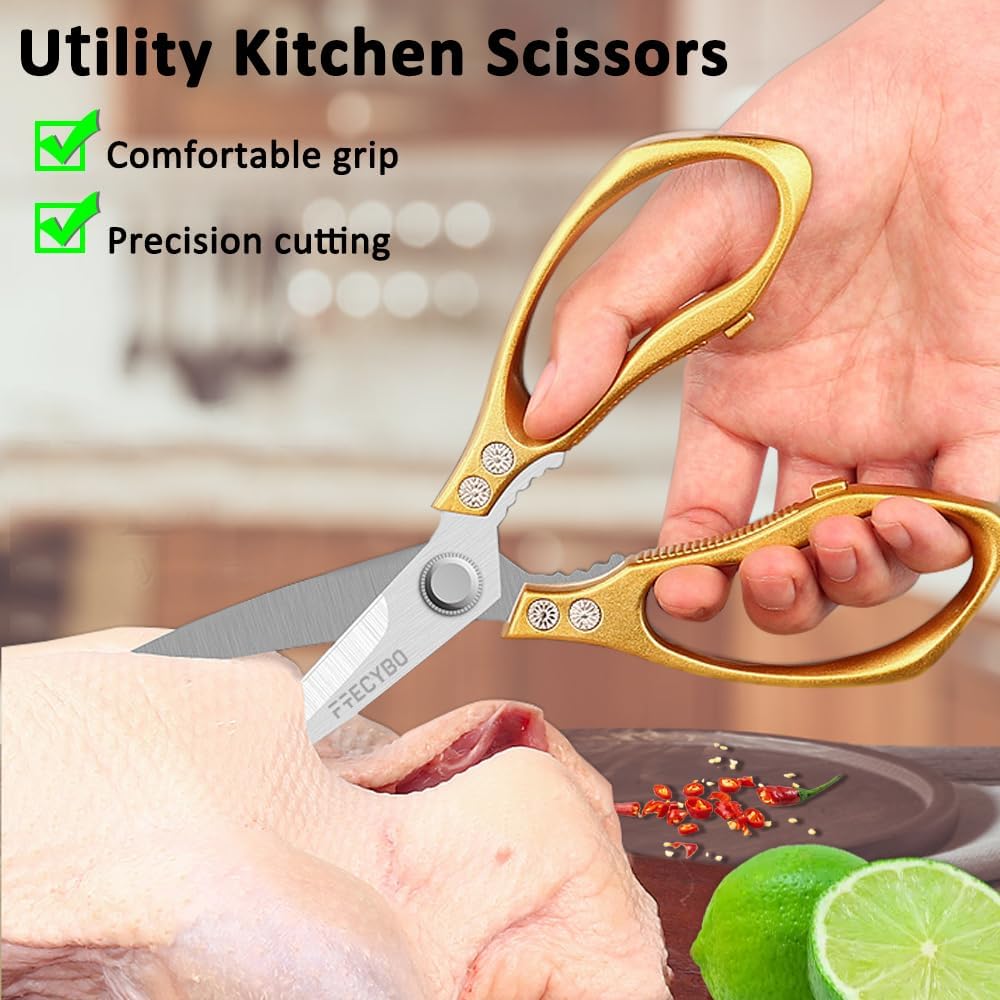 All Purpose Heavy Duty Shears, 2-Pack Kitchen Scissors for Food, Metal Handle Stainless Steel Cooking Scissors for Kitchen, Chicken, Fish, Meat, Poultry, Herbs (Silver)