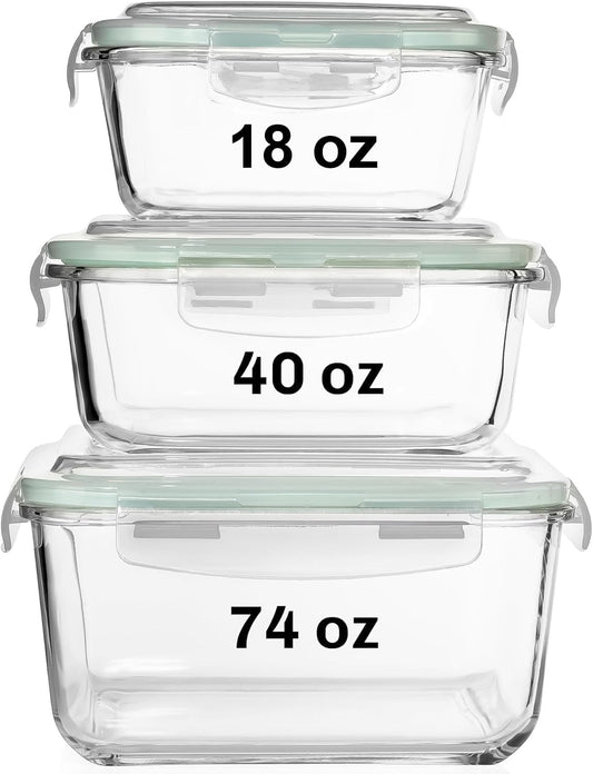 Razab 6 PC Square Glass Food Storage Containers with Airtight lids (74, 40 & 18 oz) Kitchen Glass Meal Prep Containers Set for Freezer Reusable Leftover Lunch Boxes, Oven, Microwave, Dishwasher Safe