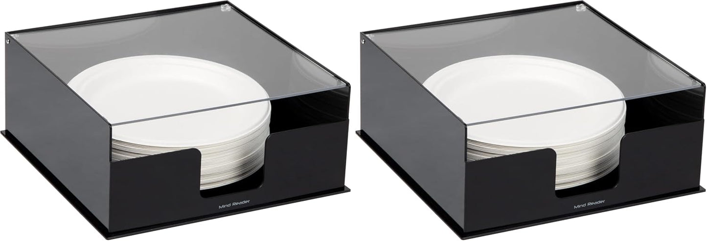 Mind Reader Utensil Napkin and Plate Organizer Tray, Countertop Caddy with 7 Compartments, Holds Plates up to 10.5 Inches, Breakroom and Buffet Organizer, Plastic, Black