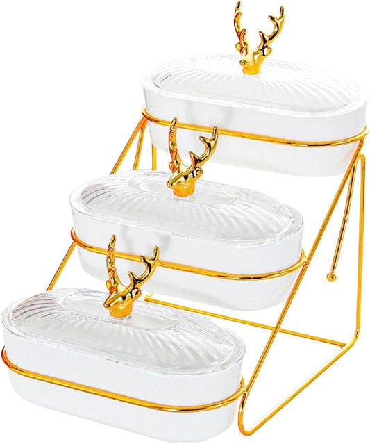 Dried Fruits Tray Snack Plates with Holder with Lid Fruit Bowls Tier Fruit Stand Serving Tray for Snack Cupcake Nuts Candies, white, 3 layer